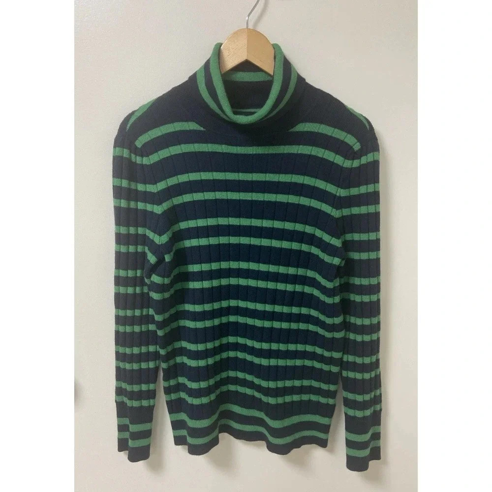 Talbots Women's Size L Green Navy Blue Striped Ribbed Turtleneck Sweater‎ Cute!